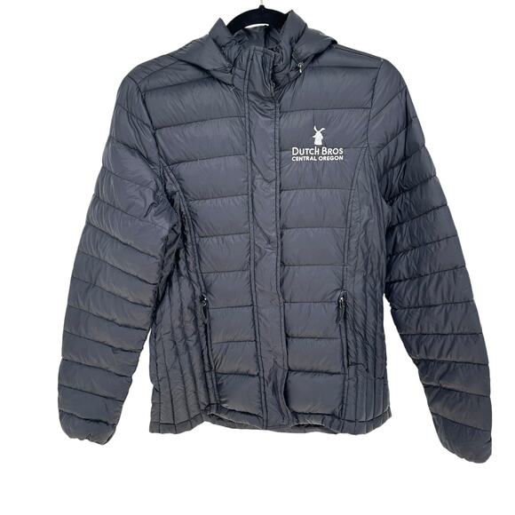 Dutch Bros Central Oregon Puffer Jacket Small Black Hooded Down Insulated Coat - Picture 1 of 10